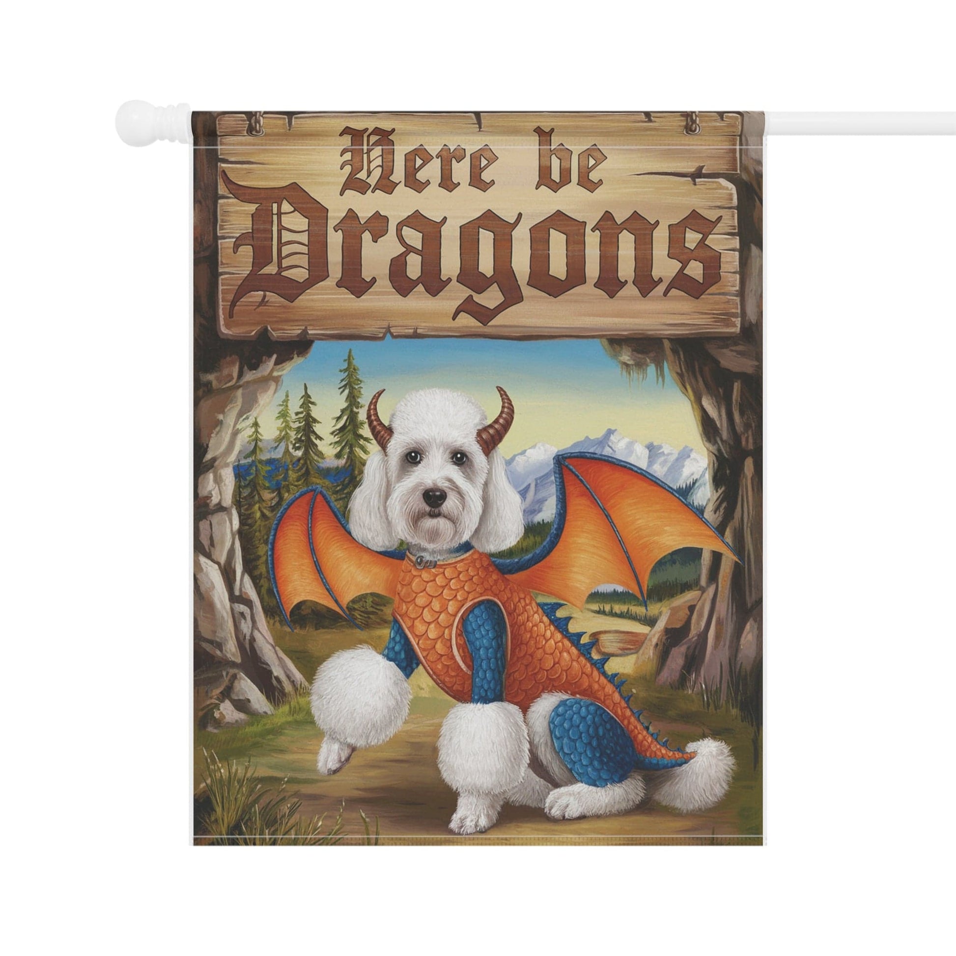 Printify Home Decor White Poodle Dog Dragon Garden Flag, Fantasy Pet Yard Spring Decor, Housewarming Halloween