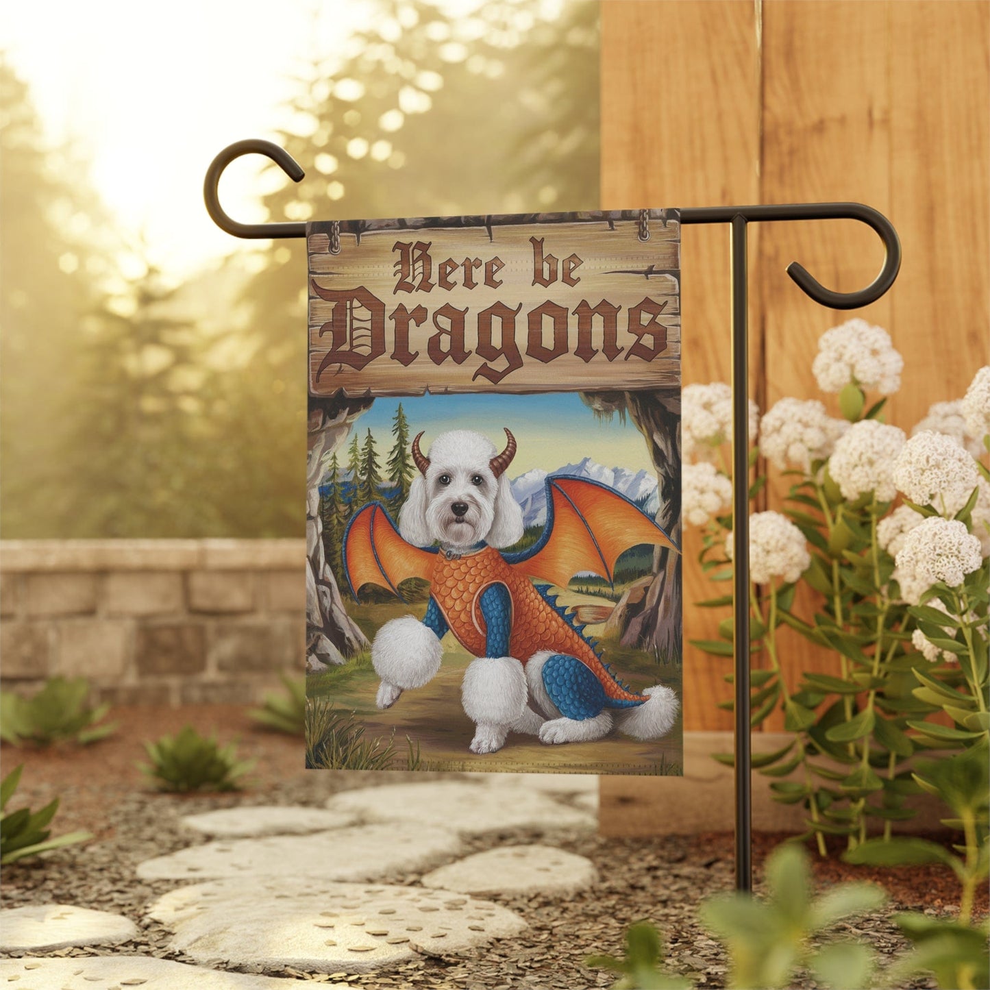 Printify Home Decor White Poodle Dog Dragon Garden Flag, Fantasy Pet Yard Spring Decor, Housewarming Halloween