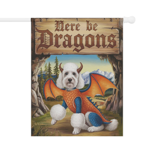 Printify Home Decor 24.5'' × 32'' White Poodle Dog Dragon Garden Flag, Fantasy Pet Yard Spring Decor, Housewarming Halloween