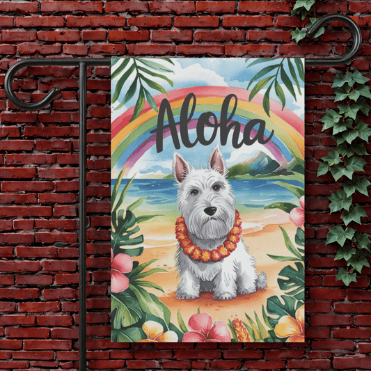 Printify Garden Flag 12'' × 18'' White Scottish Terrier Aloha Garden Flag