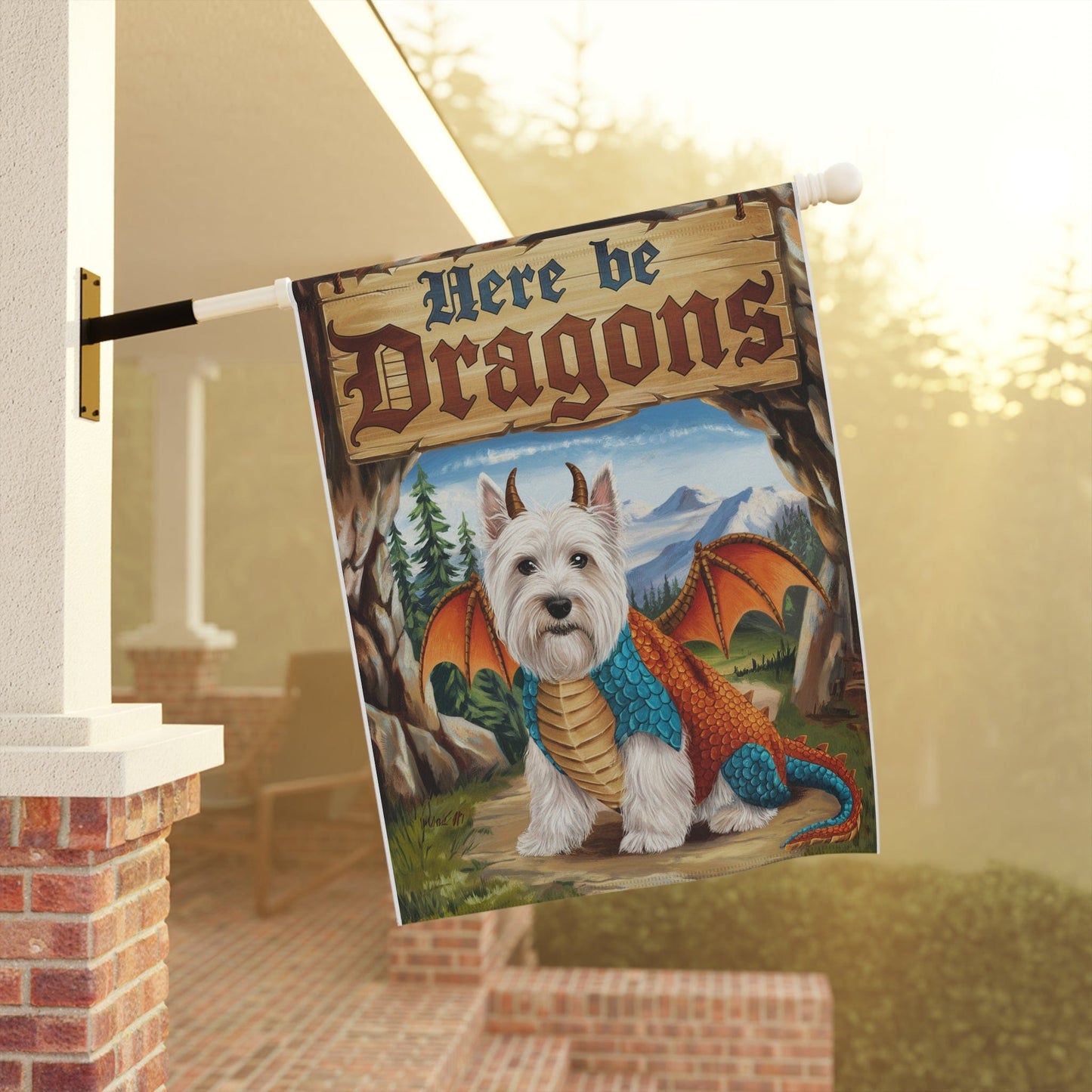 Printify Home Decor White Scottish Terrier Dog Dragon, Garden Flag, Pet Adventure, Yard Spring Decor, Housewarming Halloween