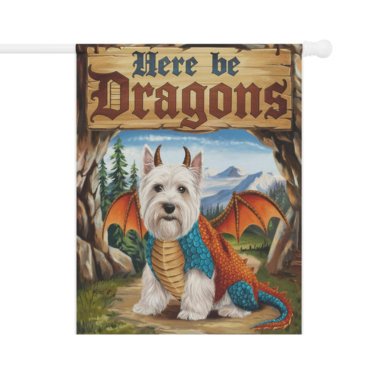 Printify Home Decor 24.5'' × 32'' White Scottish Terrier Dog Dragon, Garden Flag, Pet Adventure, Yard Spring Decor, Housewarming Halloween