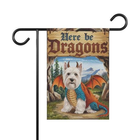 Printify Home Decor 12'' × 18'' White Scottish Terrier Dog Dragon, Garden Flag, Pet Adventure, Yard Spring Decor, Housewarming Halloween