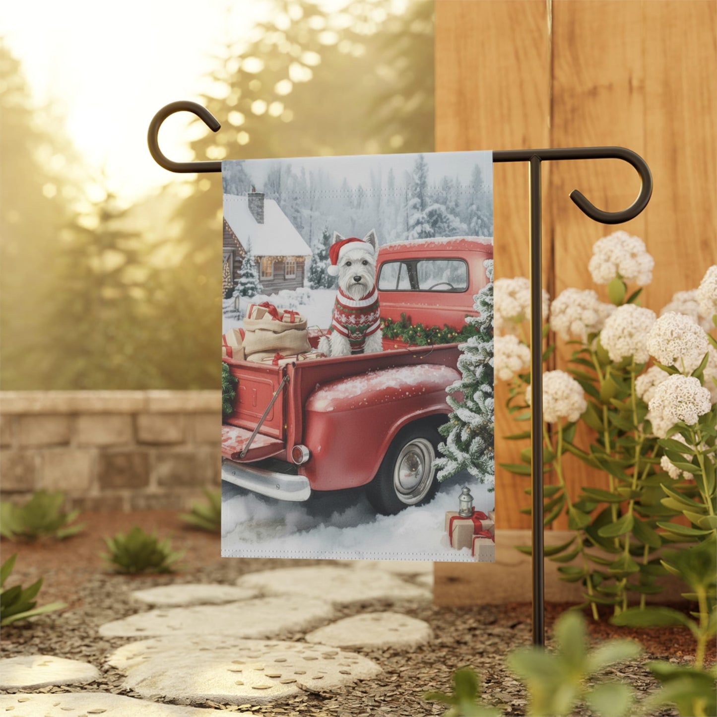 White Scottish Terrier Dog Red Truck Christmas Garden Flag