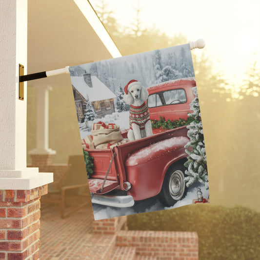 White Standard Poodle Dog Red Truck Christmas Garden Flag