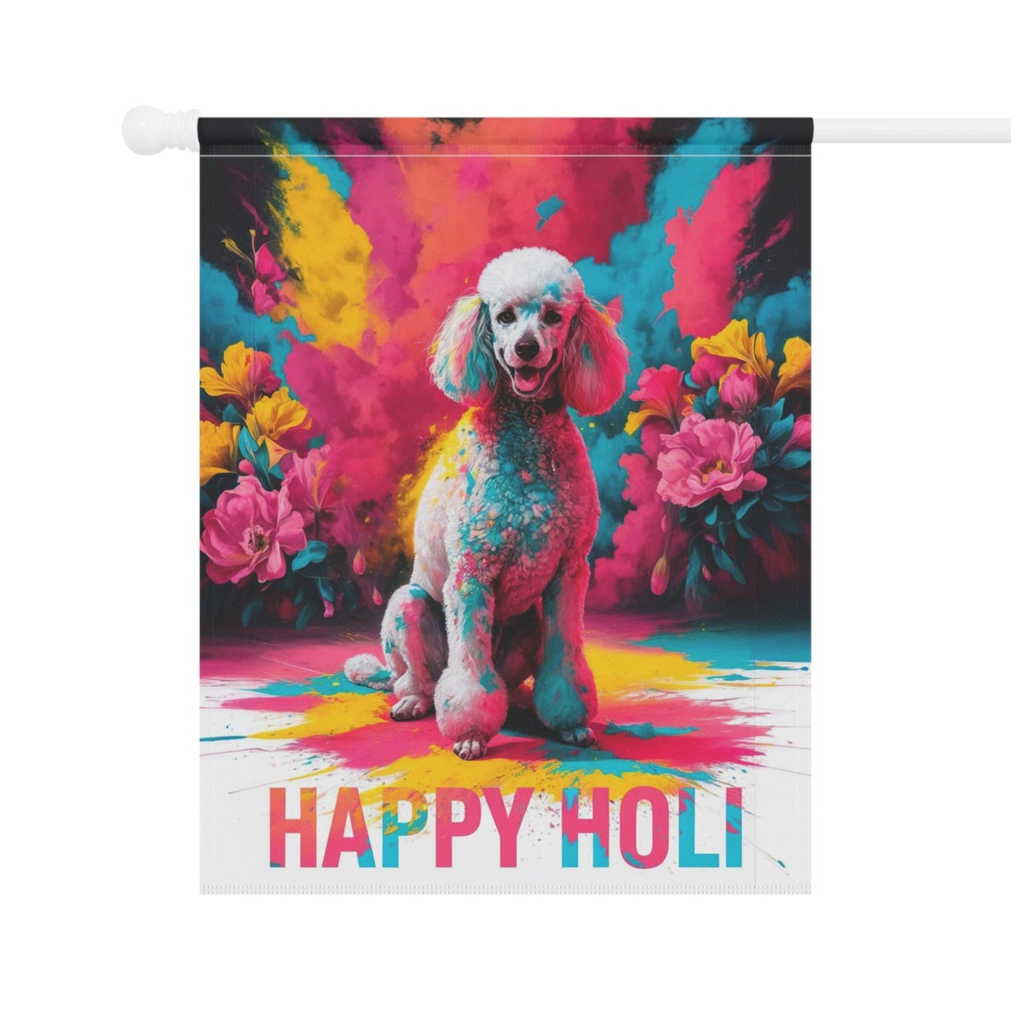 Printify Home Decor White Standard Poodle Holi Garden Flag, Indian Spring Festival,  Funny Dog Lovers Decor