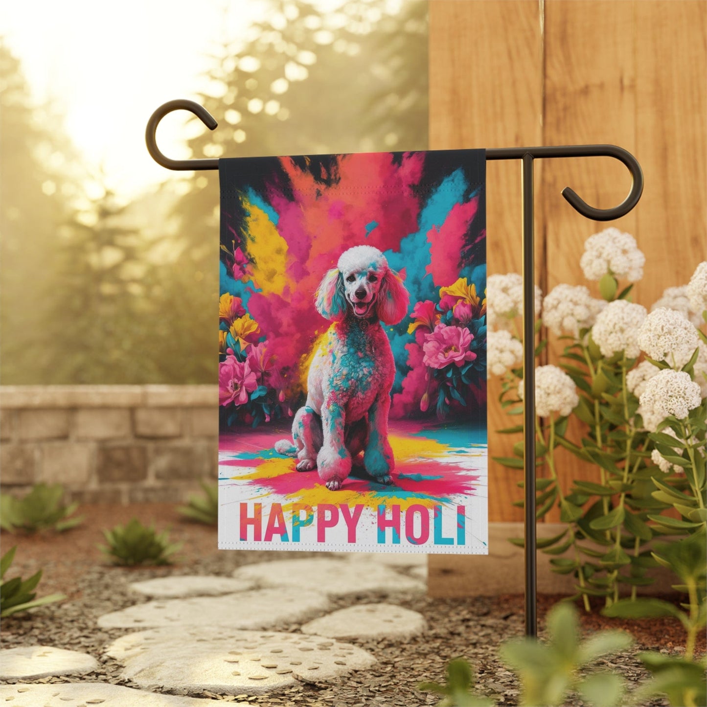 Printify Home Decor White Standard Poodle Holi Garden Flag, Indian Spring Festival,  Funny Dog Lovers Decor