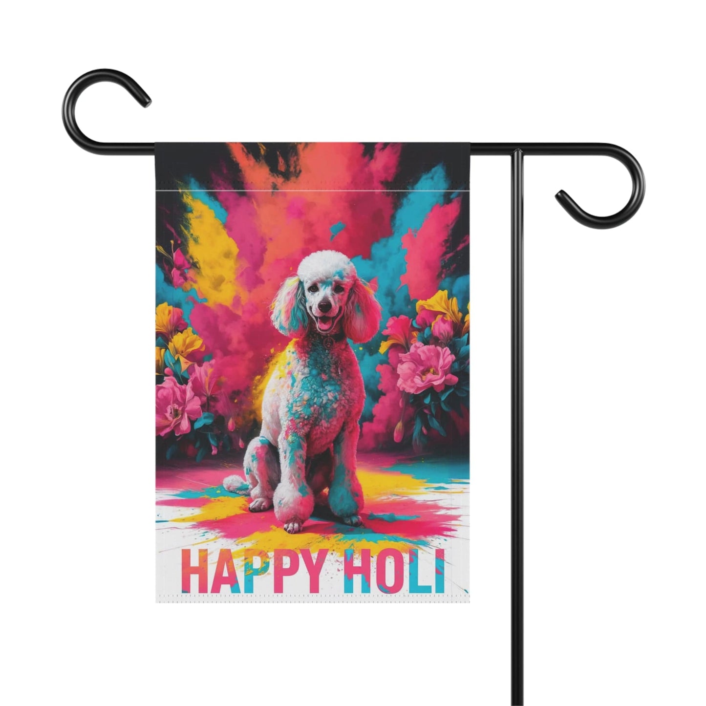 Printify Home Decor White Standard Poodle Holi Garden Flag, Indian Spring Festival,  Funny Dog Lovers Decor