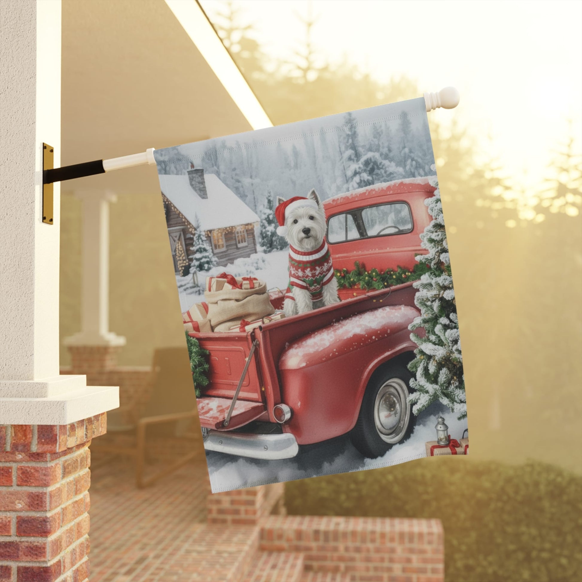 White West Highland Terrier Dog Red Truck Christmas Garden Flag