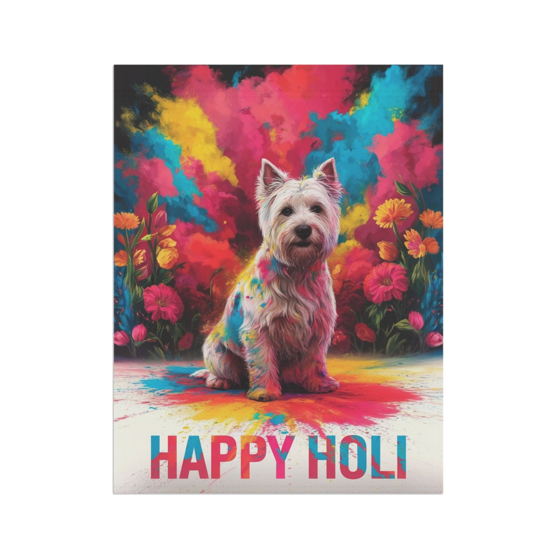 Printify Home Decor White West Highland Terrier Holi Garden Flag, Indian Spring Festival Yard Art, Dog Lovers