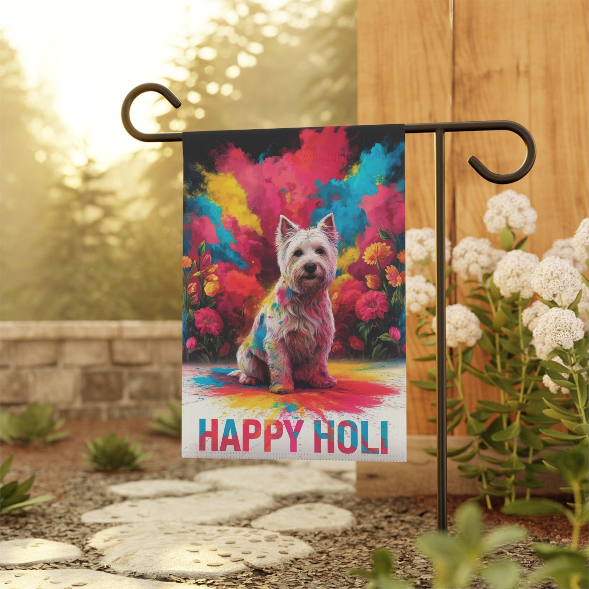 Printify Home Decor White West Highland Terrier Holi Garden Flag, Indian Spring Festival Yard Art, Dog Lovers
