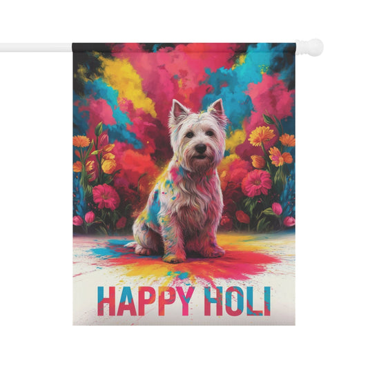 Printify Home Decor 24.5'' × 32'' White West Highland Terrier Holi Garden Flag, Indian Spring Festival Yard Art, Dog Lovers