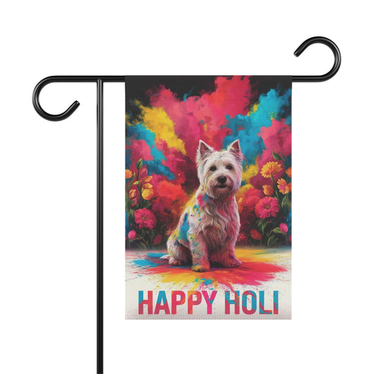 Printify Home Decor 12'' × 18'' White West Highland Terrier Holi Garden Flag, Indian Spring Festival Yard Art, Dog Lovers