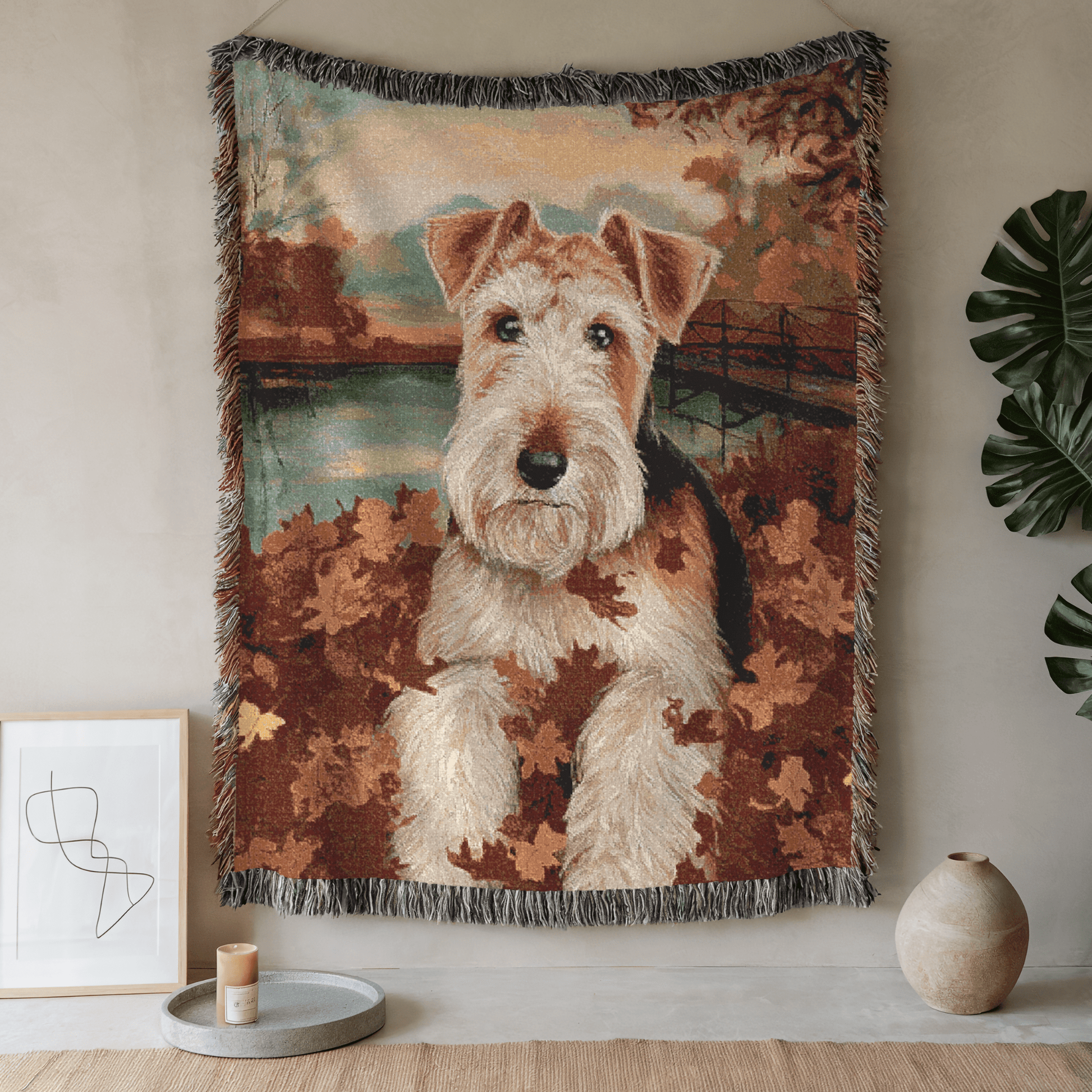 Printify Home Decor Woven Blanket, Airedale Fall Leaves Blanket, Autumn Home Decor, Cozy Throw Blanket, Seasonal Bedding, Living Room Accent, Gift for