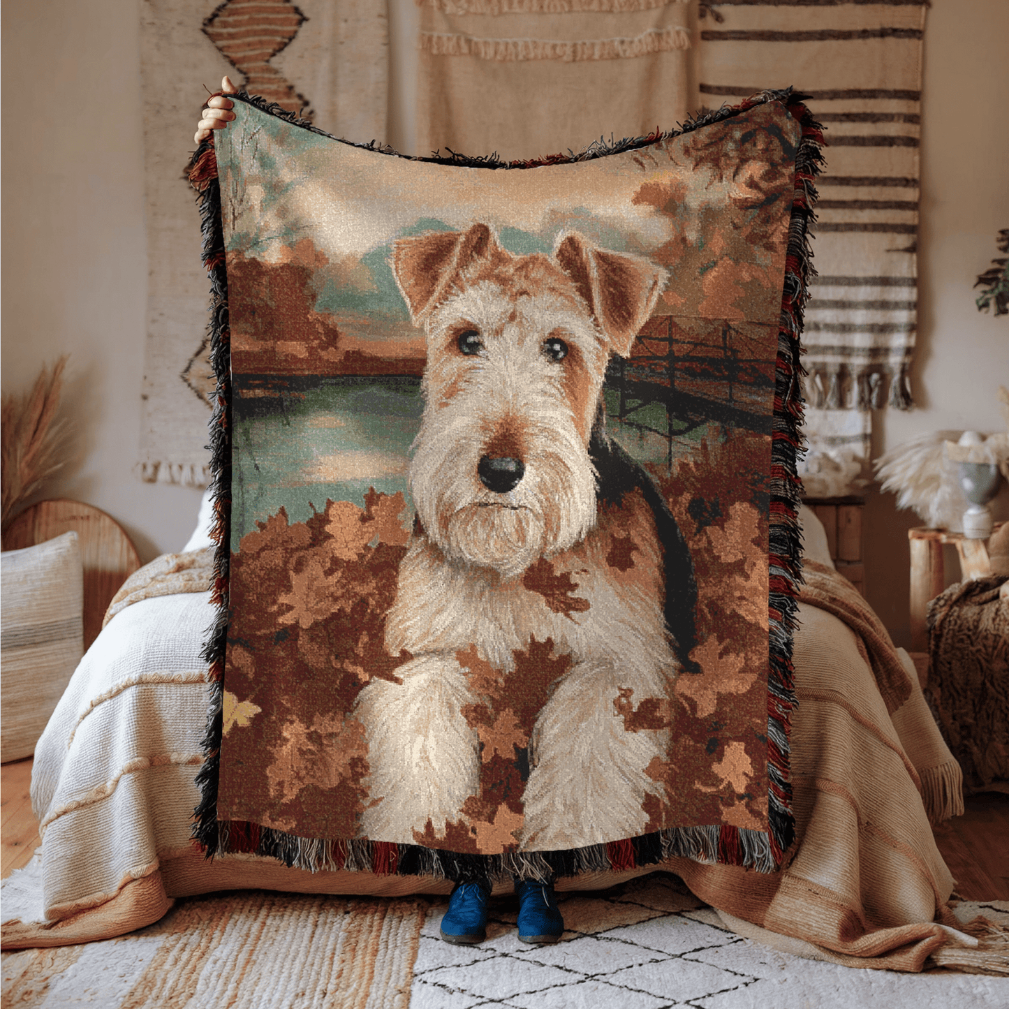 Printify Home Decor Woven Blanket, Airedale Fall Leaves Blanket, Autumn Home Decor, Cozy Throw Blanket, Seasonal Bedding, Living Room Accent, Gift for
