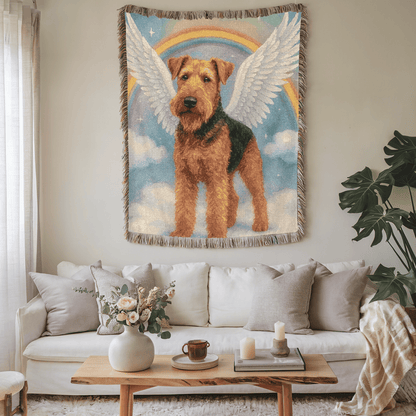Printify Home Decor Woven Blanket, Airedale Terrier, Angel In Memory of Dog, Memorial Housewarming Gift, Throw Blanket, Pet Lover Gift, Dog Memorial, Sympathy