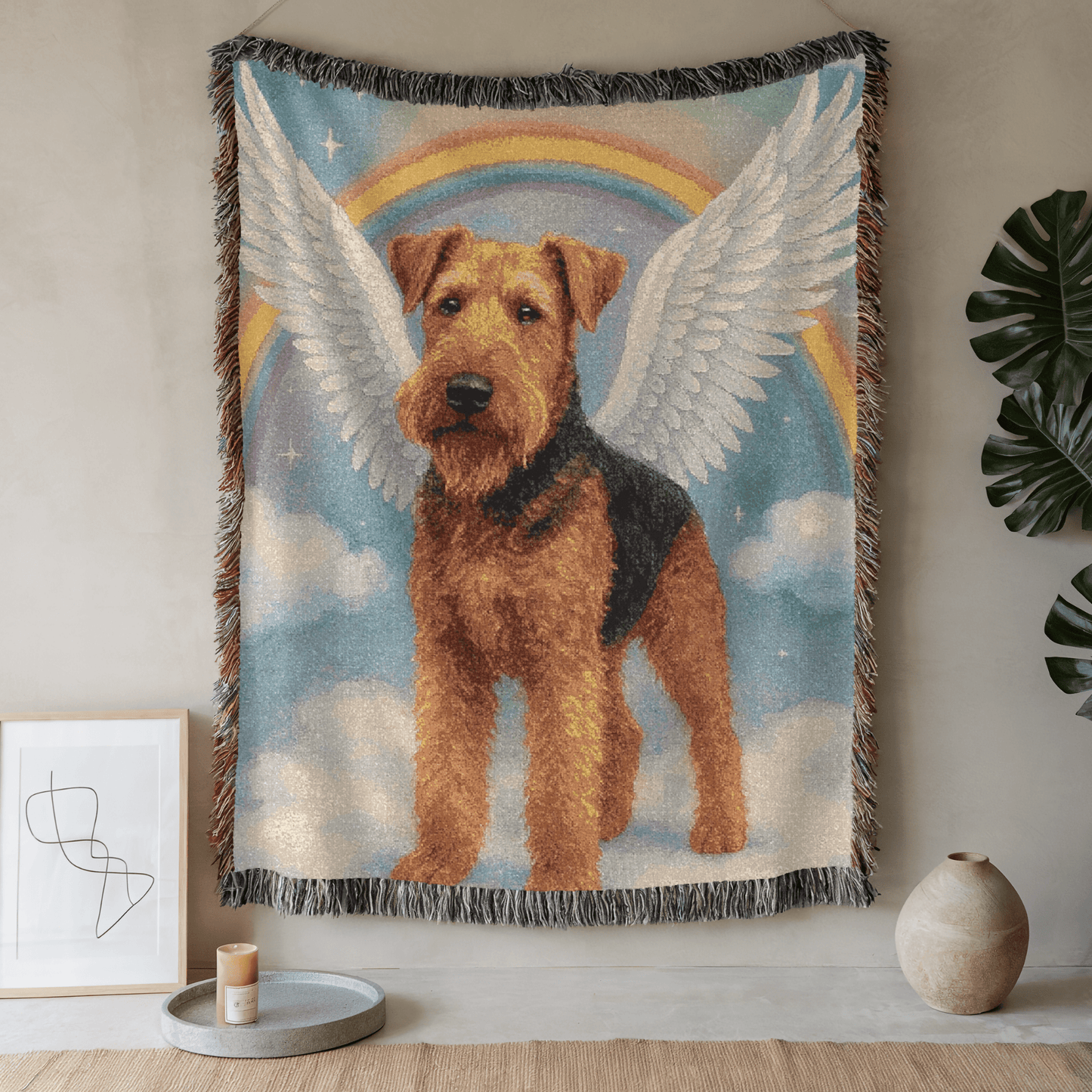Printify Home Decor Woven Blanket, Airedale Terrier, Angel In Memory of Dog, Memorial Housewarming Gift, Throw Blanket, Pet Lover Gift, Dog Memorial, Sympathy
