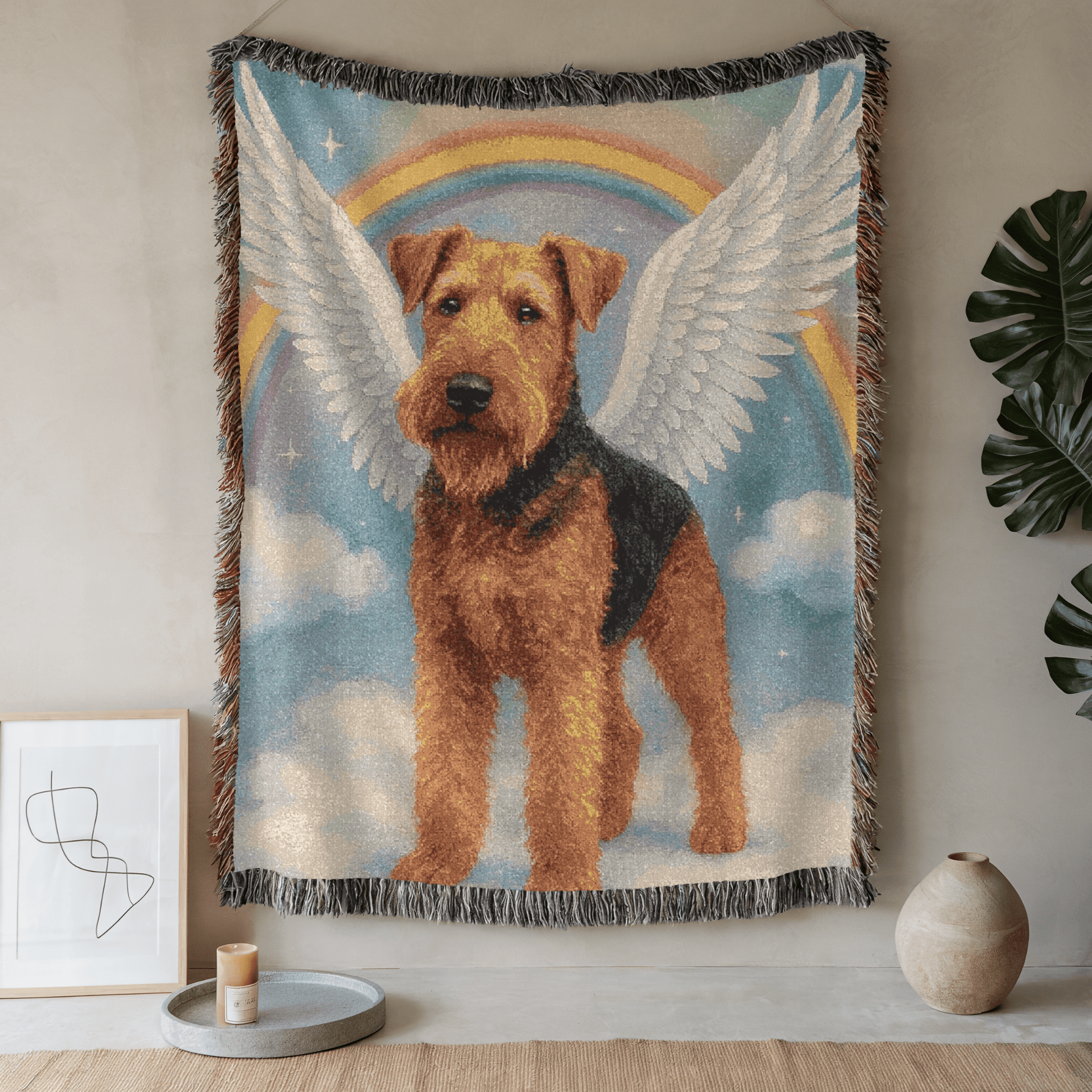Printify Home Decor Woven Blanket, Airedale Terrier, Angel In Memory of Dog, Memorial Housewarming Gift, Throw Blanket, Pet Lover Gift, Dog Memorial, Sympathy