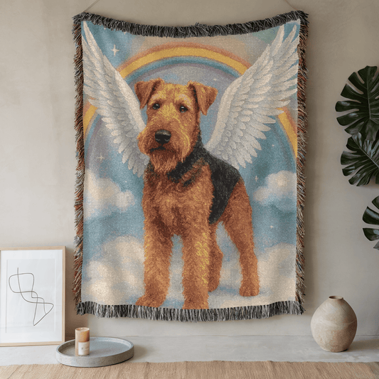 Printify Home Decor Woven Blanket, Airedale Terrier, Angel In Memory of Dog, Memorial Housewarming Gift, Throw Blanket, Pet Lover Gift, Dog Memorial, Sympathy