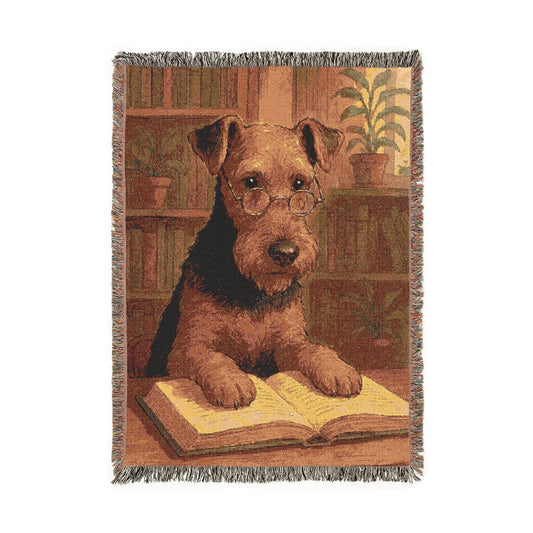 Printify Home Decor Woven Blanket, Airedale Terrier Book Lover Gift, Bookish Decor, Housewarming Gift