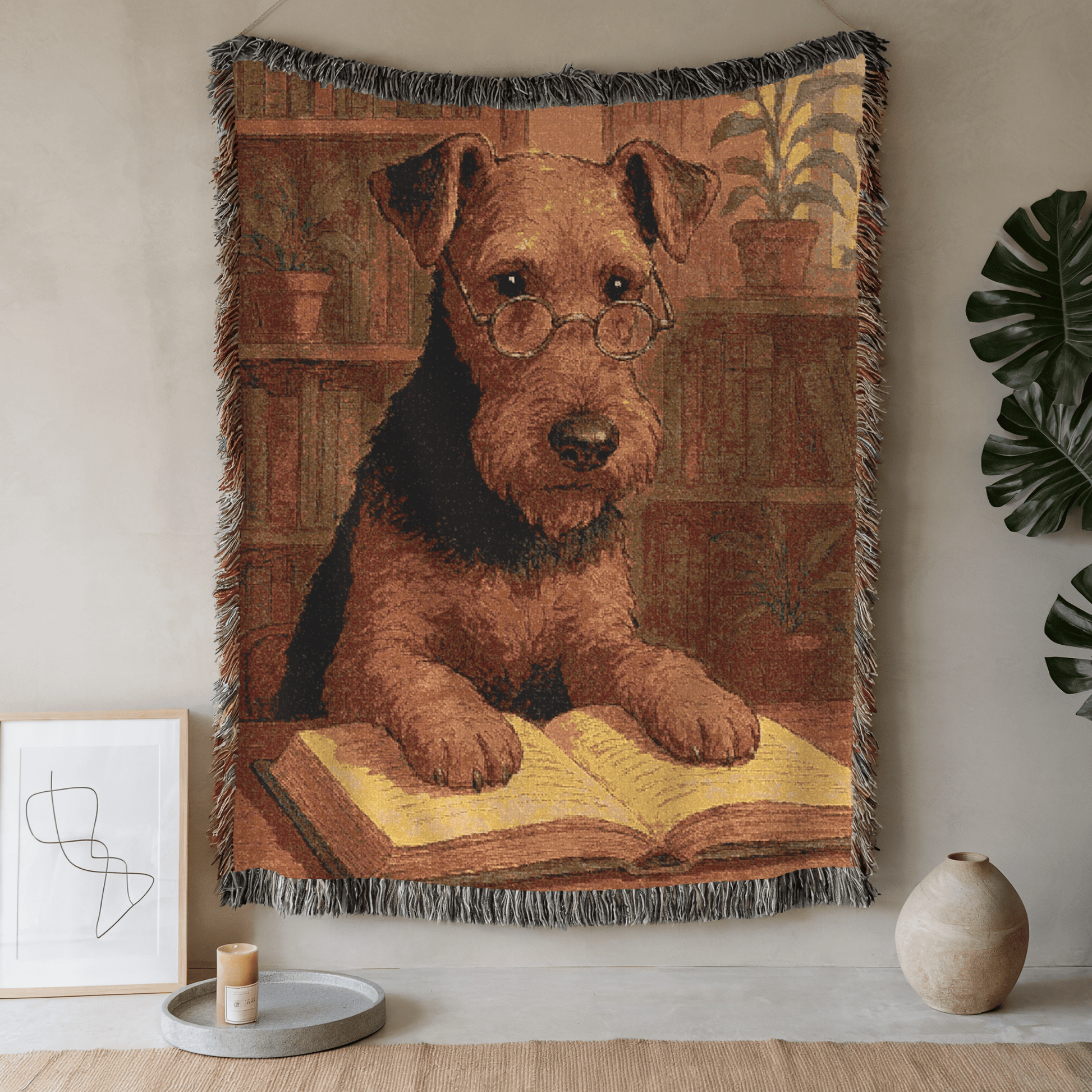 Printify Home Decor Woven Blanket, Airedale Terrier Book Lover Gift, Bookish Decor, Housewarming Gift