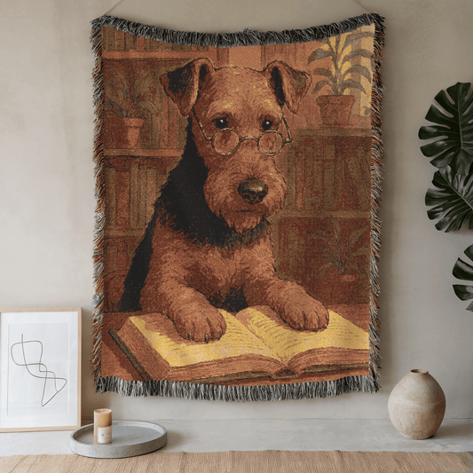 Printify Home Decor Woven Blanket, Airedale Terrier Book Lover Gift, Bookish Decor, Housewarming Gift