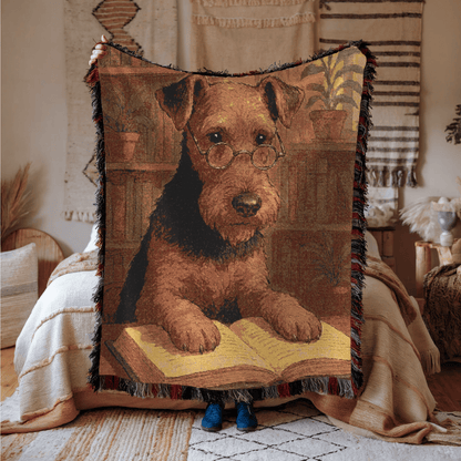 Printify Home Decor Woven Blanket, Airedale Terrier Book Lover Gift, Bookish Decor, Housewarming Gift