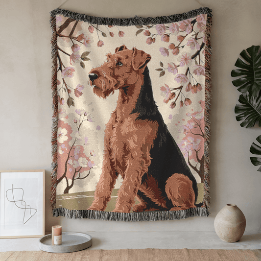 Printify Home Decor Woven Blanket, Airedale Terrier Dog Cherry Blossom Tapestry, Pink Decor