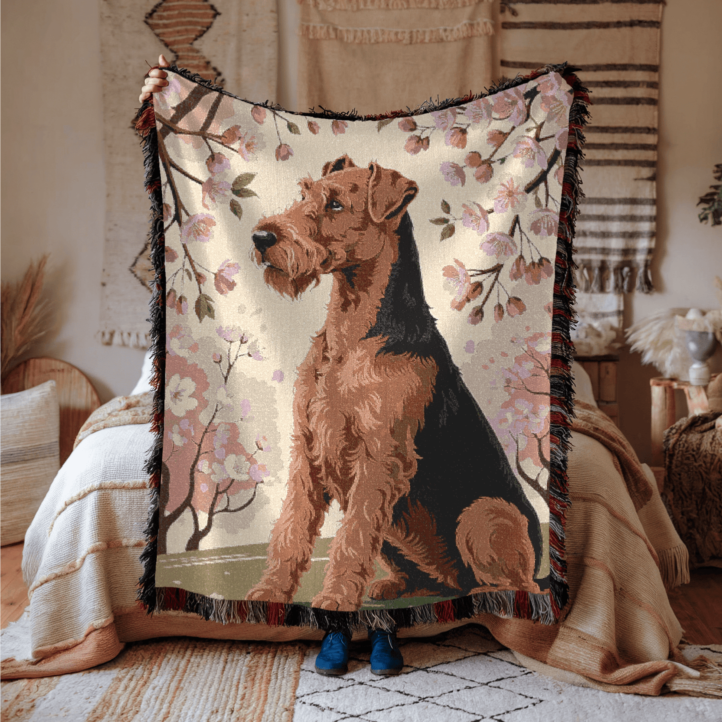 Printify Home Decor Woven Blanket, Airedale Terrier Dog Cherry Blossom Tapestry, Pink Decor
