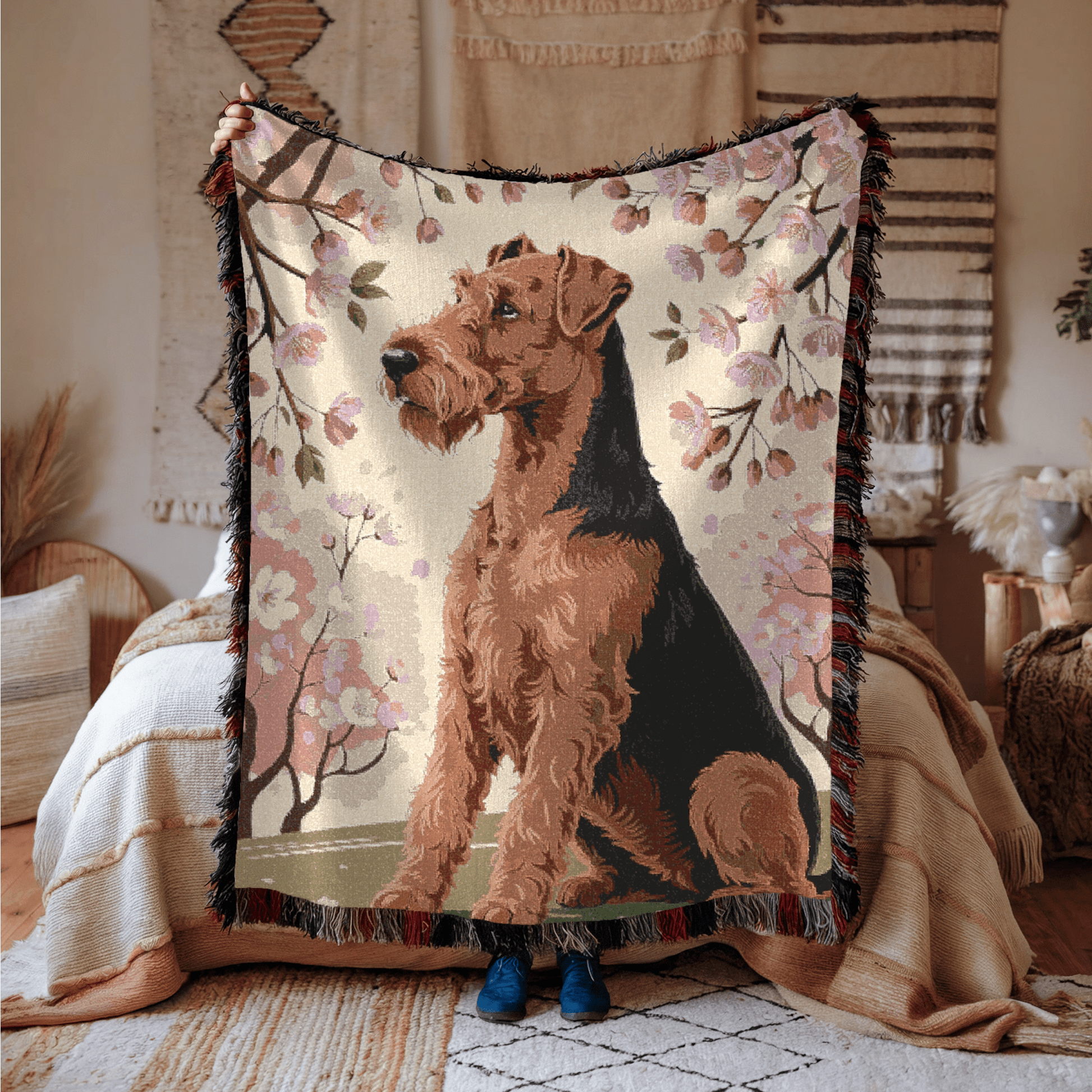 Printify Home Decor Woven Blanket, Airedale Terrier Dog Cherry Blossom Tapestry, Pink Decor
