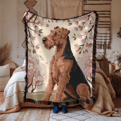 Printify Home Decor Woven Blanket, Airedale Terrier Dog Cherry Blossom Tapestry, Pink Decor