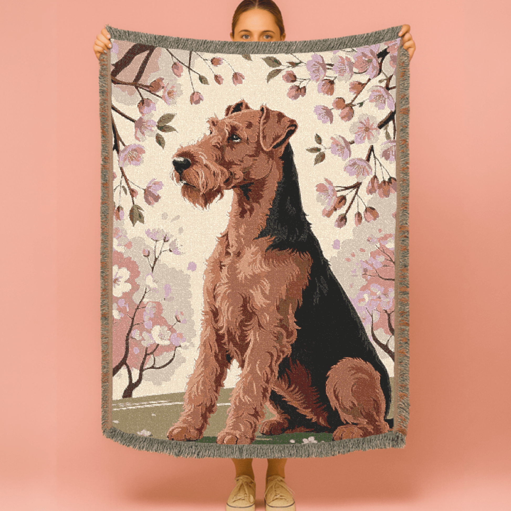 Printify Home Decor Woven Blanket, Airedale Terrier Dog Cherry Blossom Tapestry, Pink Decor