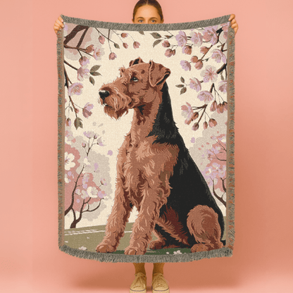 Printify Home Decor Woven Blanket, Airedale Terrier Dog Cherry Blossom Tapestry, Pink Decor