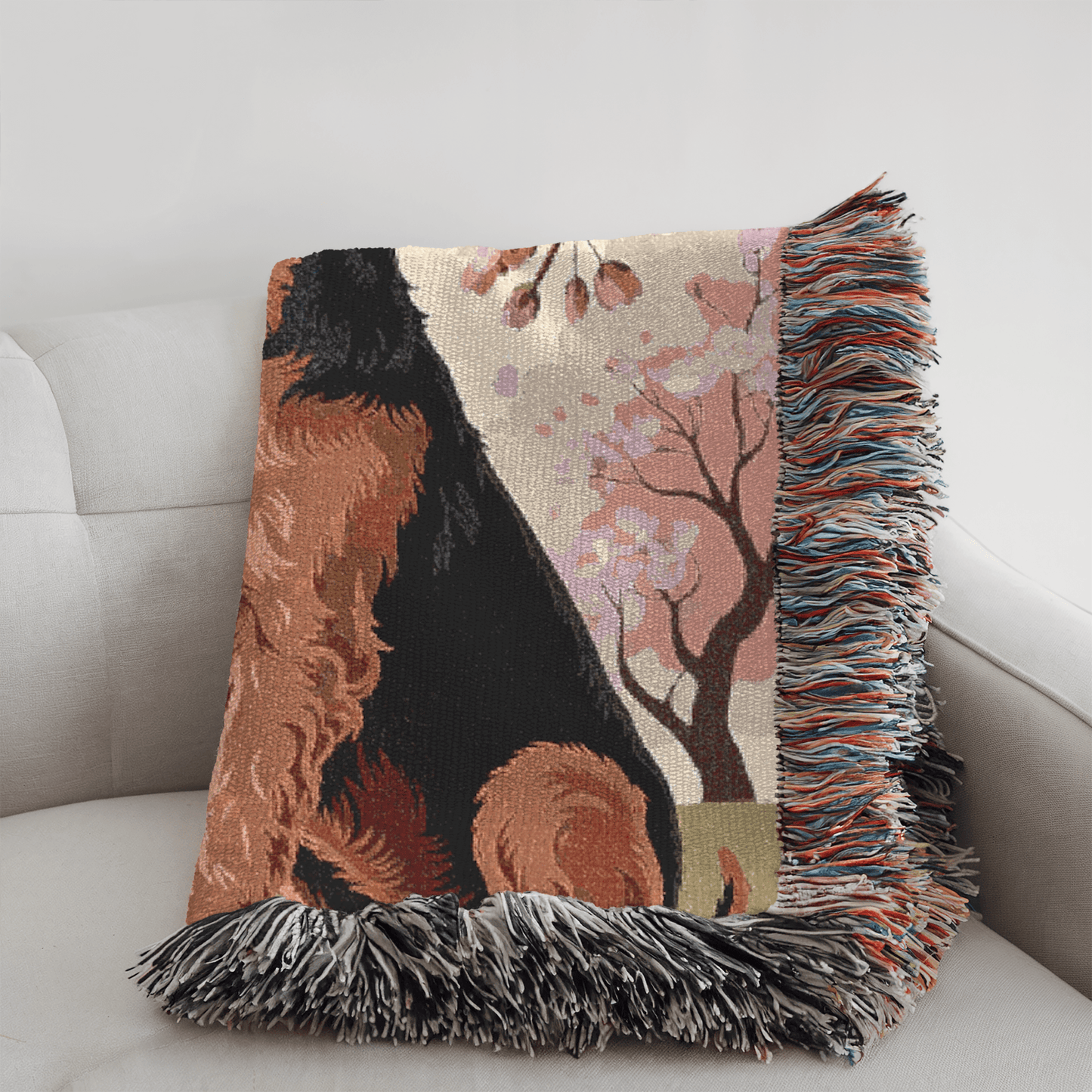 Printify Home Decor Woven Blanket, Airedale Terrier Dog Cherry Blossom Tapestry, Pink Decor