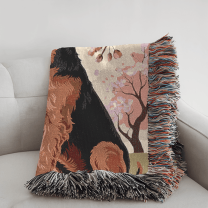Printify Home Decor Woven Blanket, Airedale Terrier Dog Cherry Blossom Tapestry, Pink Decor