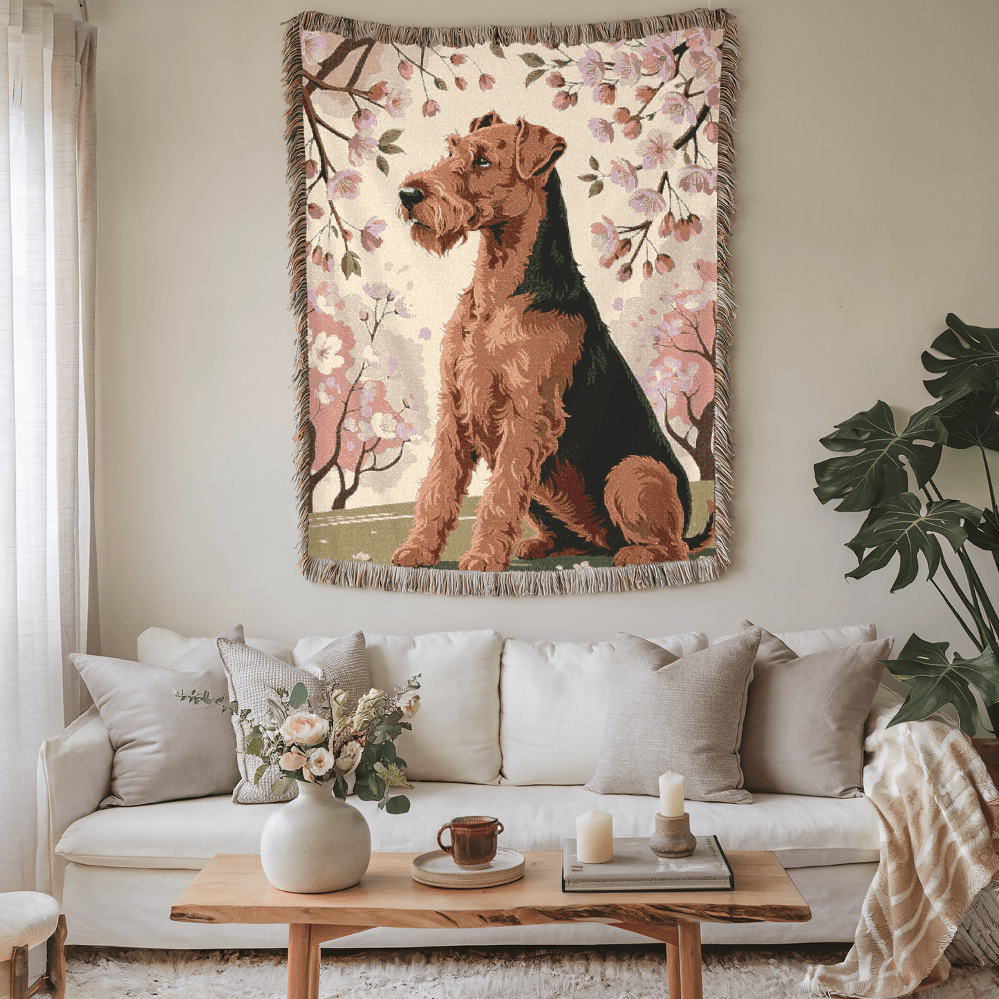 Printify Home Decor Woven Blanket, Airedale Terrier Dog Cherry Blossom Tapestry, Pink Decor