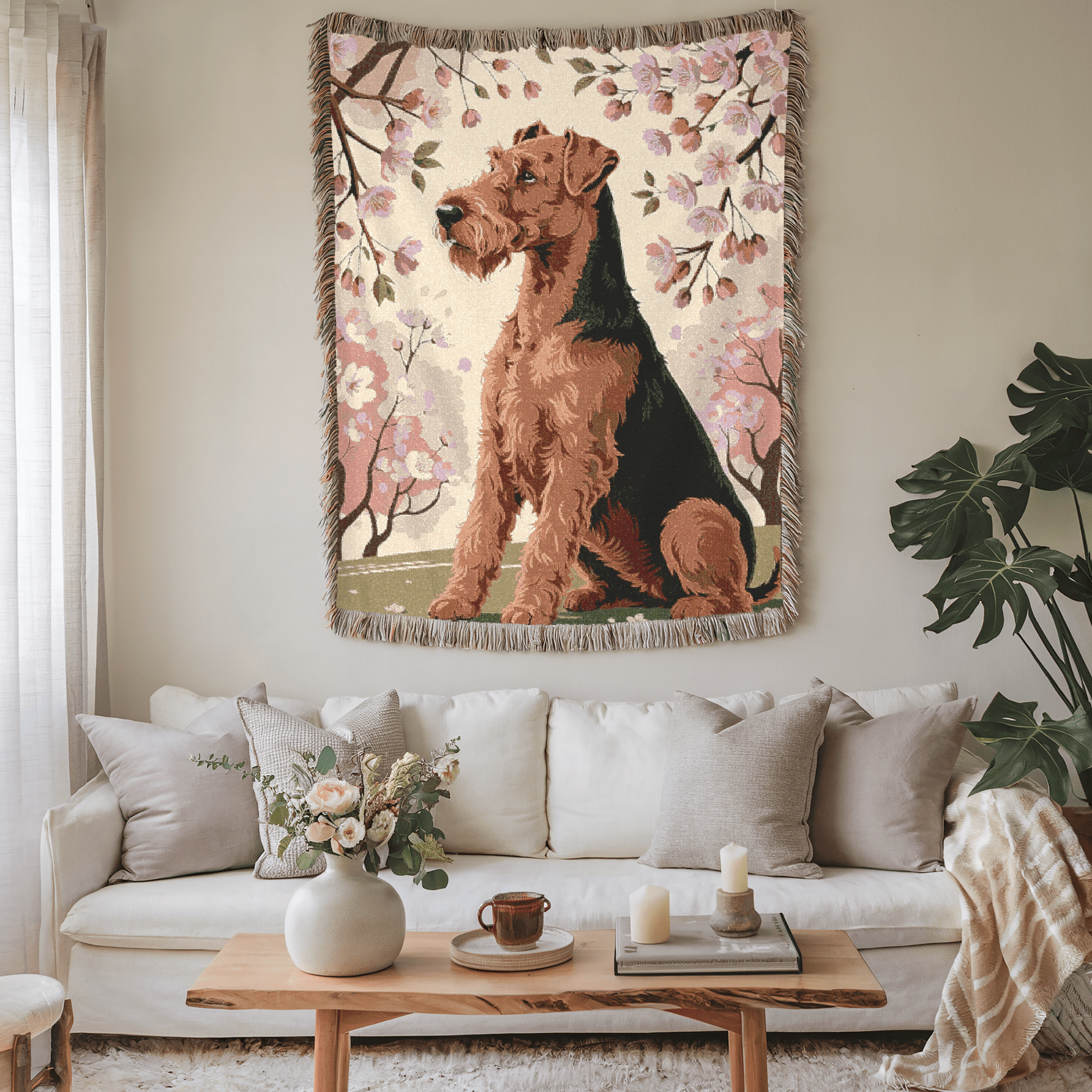 Printify Home Decor Woven Blanket, Airedale Terrier Dog Cherry Blossom Tapestry, Pink Decor