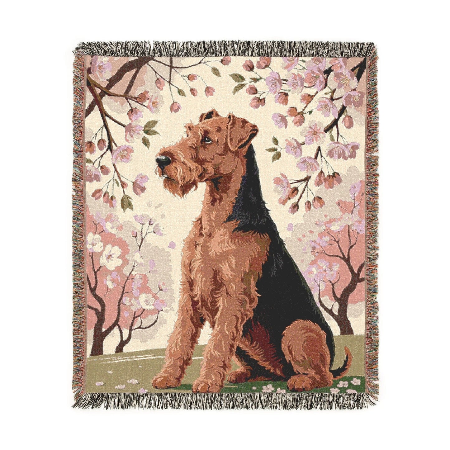 Printify Home Decor Woven Blanket, Airedale Terrier Dog Cherry Blossom Tapestry, Pink Decor