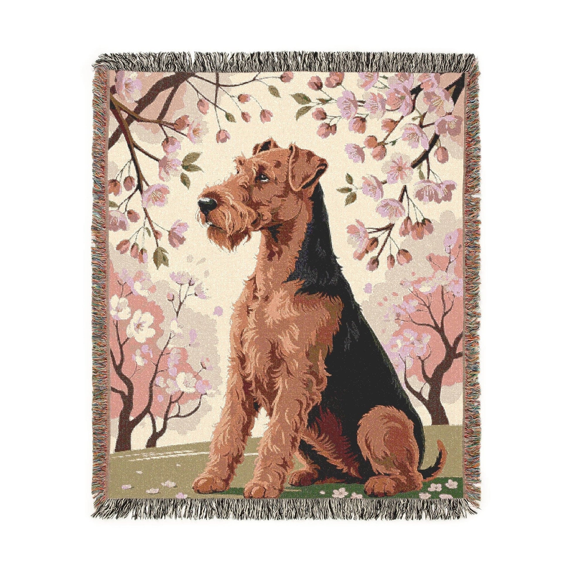 Printify Home Decor Woven Blanket, Airedale Terrier Dog Cherry Blossom Tapestry, Pink Decor