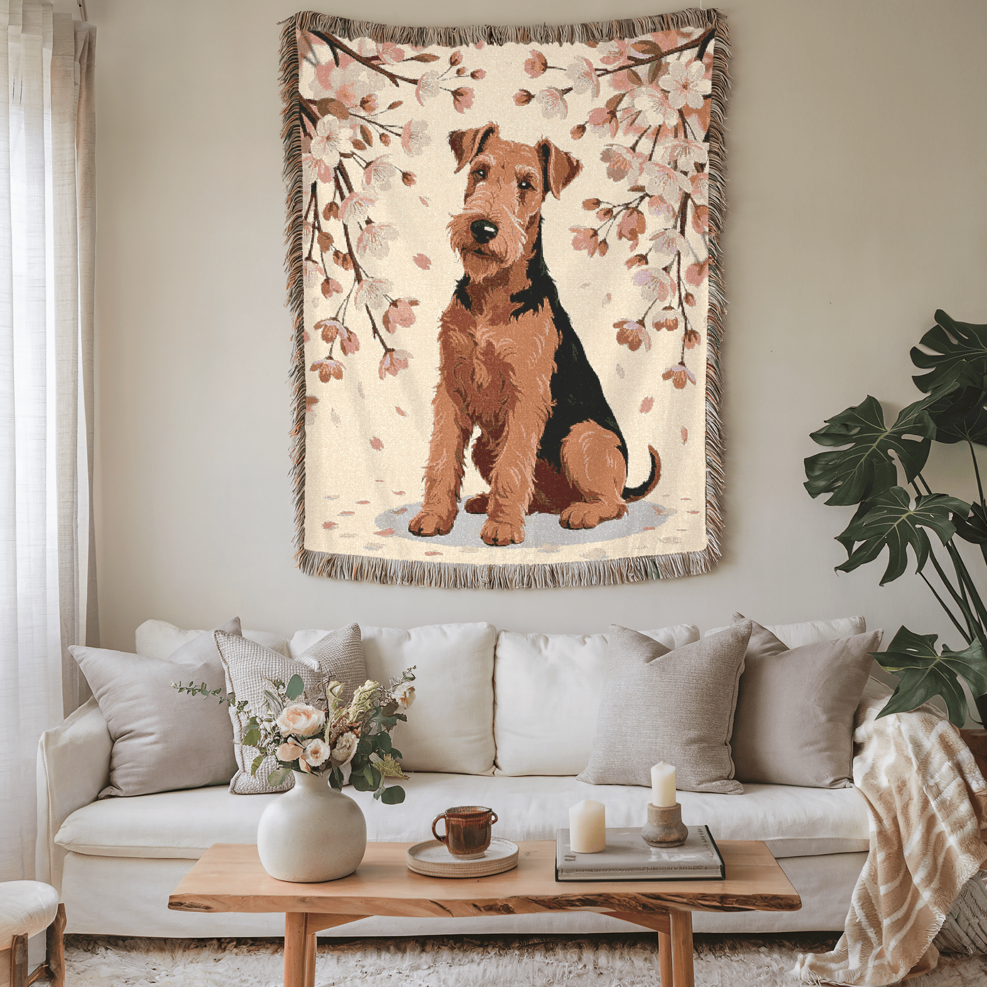 Printify Home Decor Woven Blanket, Airedale Terrier Dog Cherry Blossom Tapestry, Pink Throw