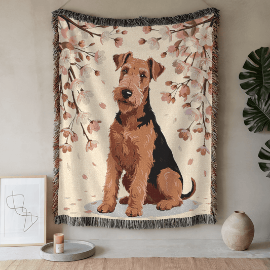 Printify Home Decor Woven Blanket, Airedale Terrier Dog Cherry Blossom Tapestry, Pink Throw
