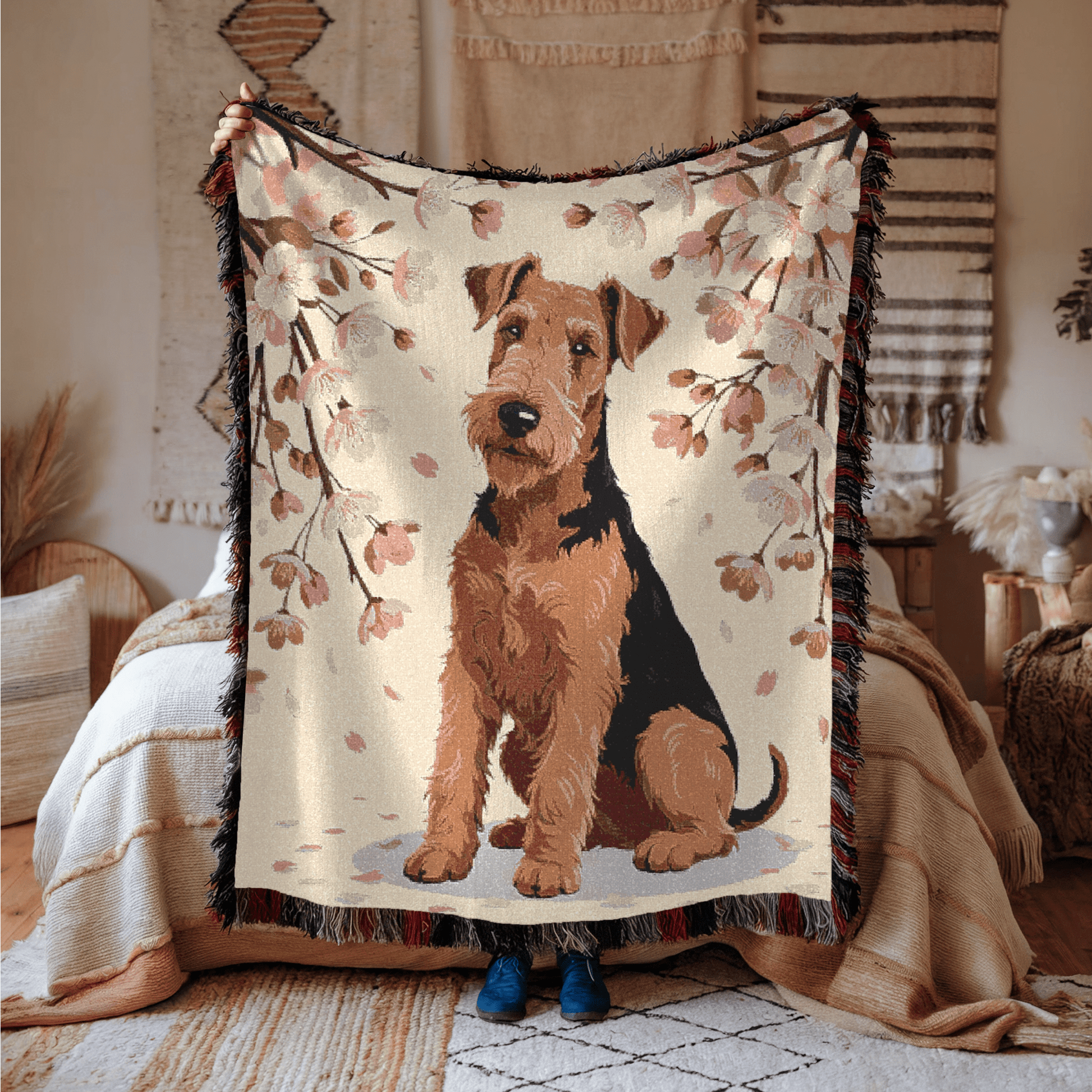 Printify Home Decor Woven Blanket, Airedale Terrier Dog Cherry Blossom Tapestry, Pink Throw