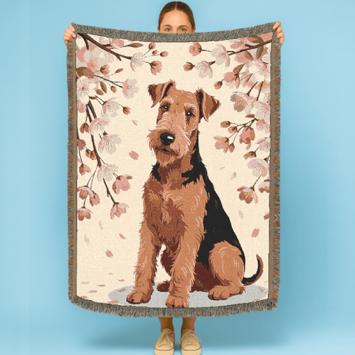 Printify Home Decor Woven Blanket, Airedale Terrier Dog Cherry Blossom Tapestry, Pink Throw
