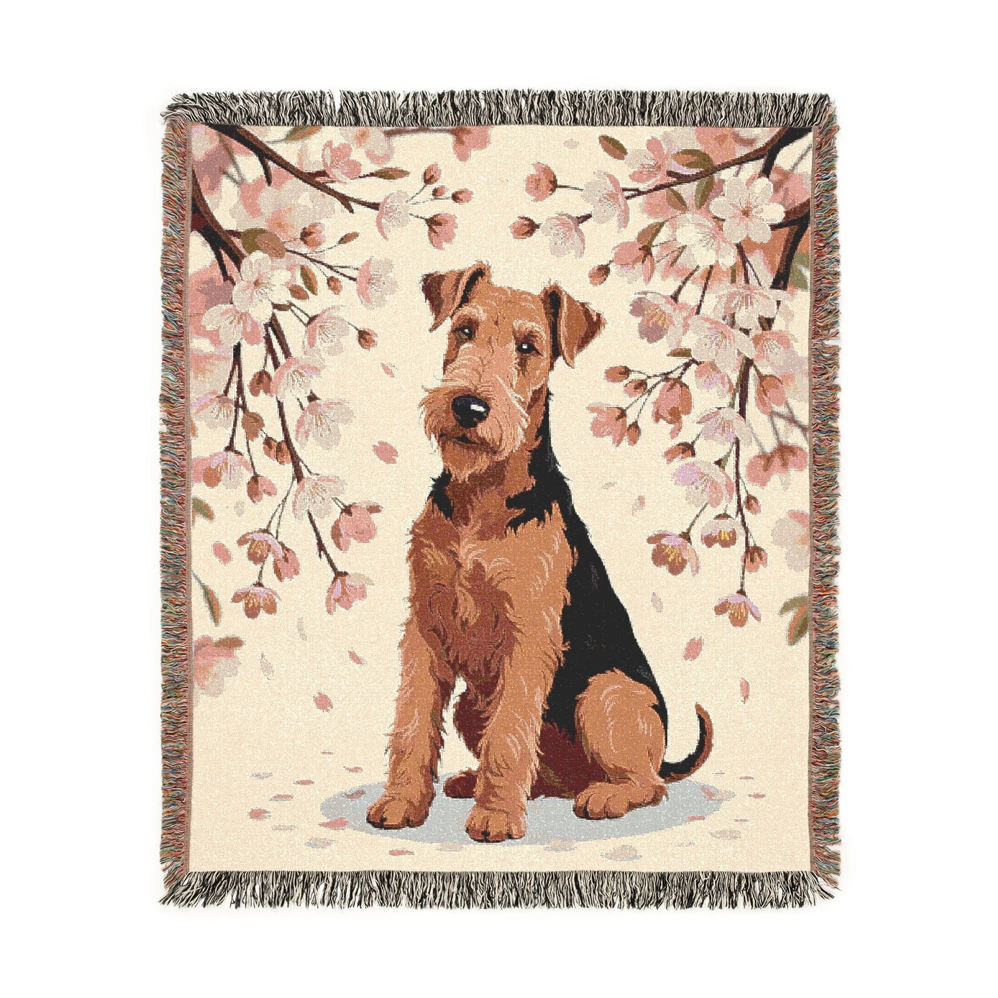 Printify Home Decor Woven Blanket, Airedale Terrier Dog Cherry Blossom Tapestry, Pink Throw