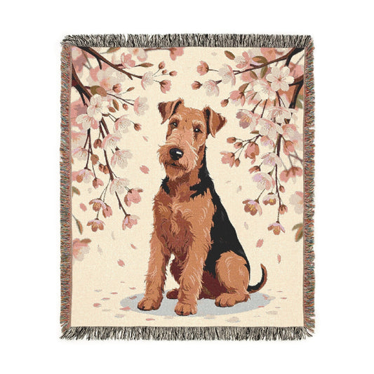 Printify Home Decor Woven Blanket, Airedale Terrier Dog Cherry Blossom Tapestry, Pink Throw