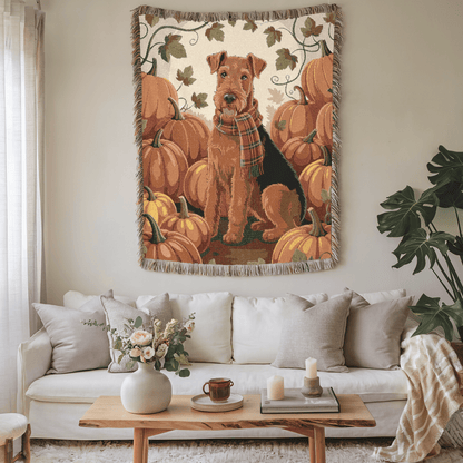 Printify Home Decor Woven Blanket, Airedale Terrier Fall Pumpkin Patch Tapestry Throw