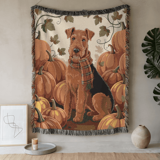 Printify Home Decor Woven Blanket, Airedale Terrier Fall Pumpkin Patch Tapestry Throw