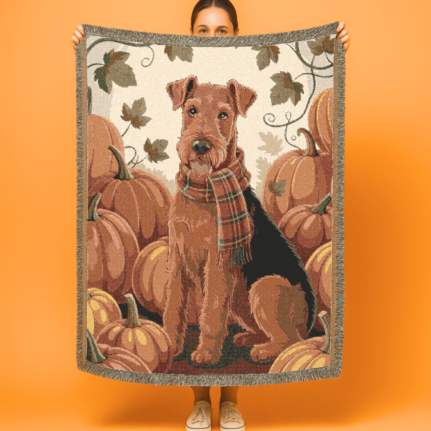 Printify Home Decor Woven Blanket, Airedale Terrier Fall Pumpkin Patch Tapestry Throw