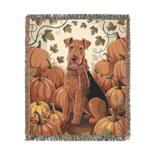 Printify Home Decor Woven Blanket, Airedale Terrier Fall Pumpkin Patch Tapestry Throw