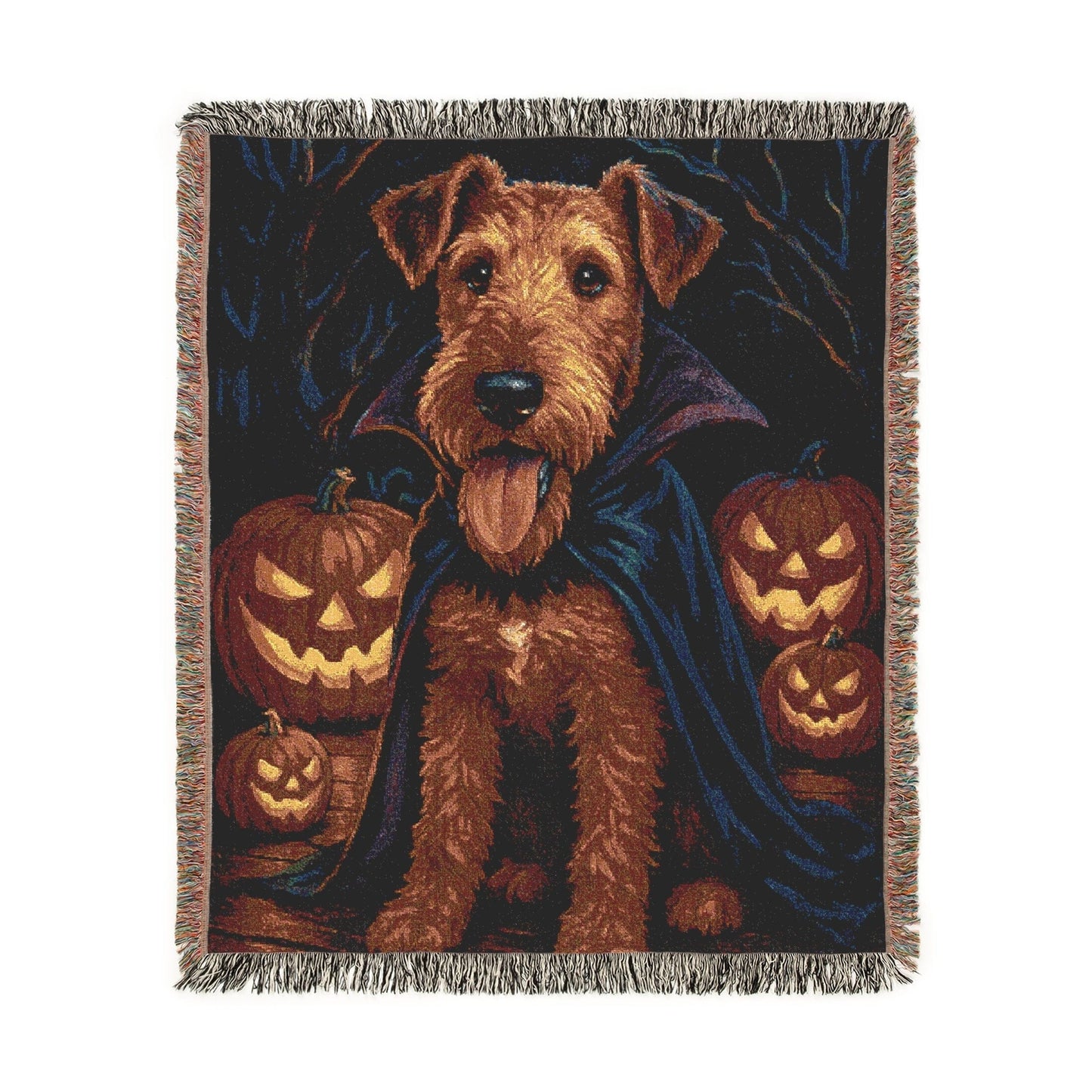 Printify Home Decor Woven Blanket, Airedale Terrier Halloween Dog Lovers, Decor Throw, Fall Decoration, Spooky Dog Owner Gift, Cozy Sofa Blanket, Home Accent